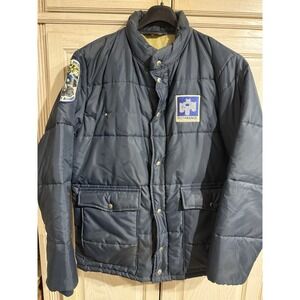 VTG Swingster USA Blue Men L Outdoor Work Puffer Jacket Trucker HUTHNANCE Patch